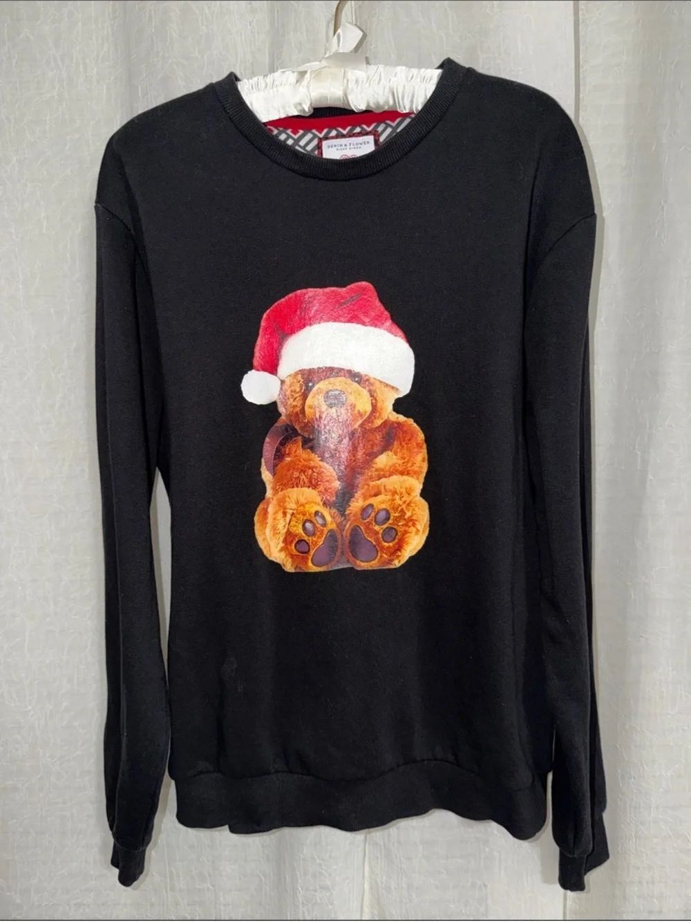 Denim & Flower x Ricky Singh Black Crew Santa Hat Teddy Bear Graphic Sweatshirt